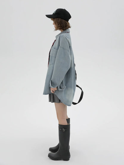 Veste en jean rétro ample avec cravate et chemise américaine