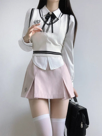 Veste Collège Gilet + Jupe Chemise Box + Slim Plissé Fille Doux Style Ruban