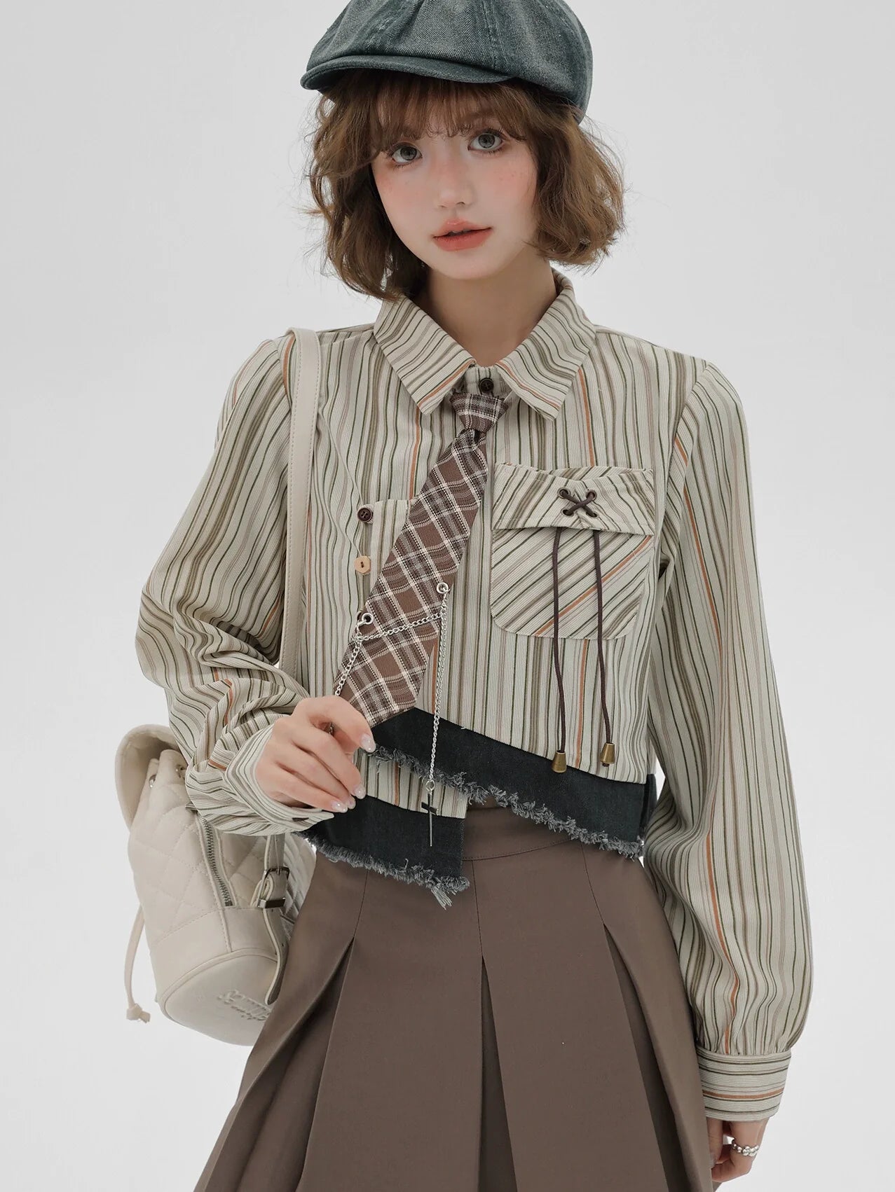 Stripe Shirt Tie Retro Splicing Check American Design Short