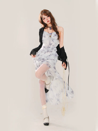 Summer Chiffon Dress Butterfly Cardigan + Asymmetrical