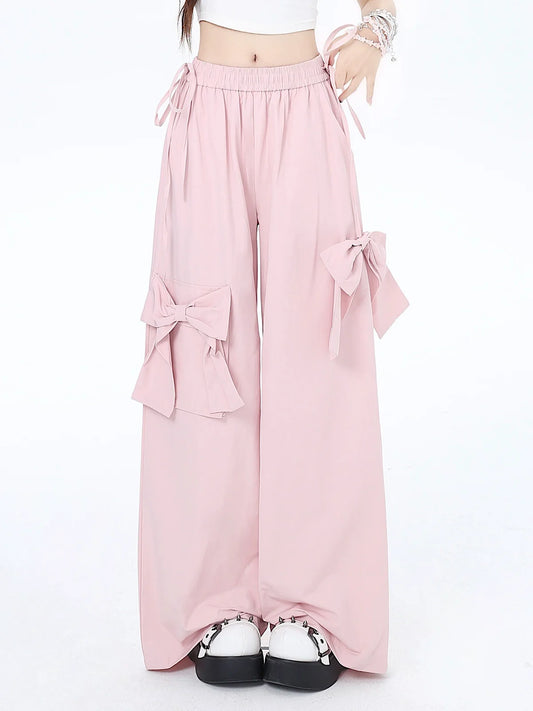Girly Pink Ribbon Dopamine Pants Wide