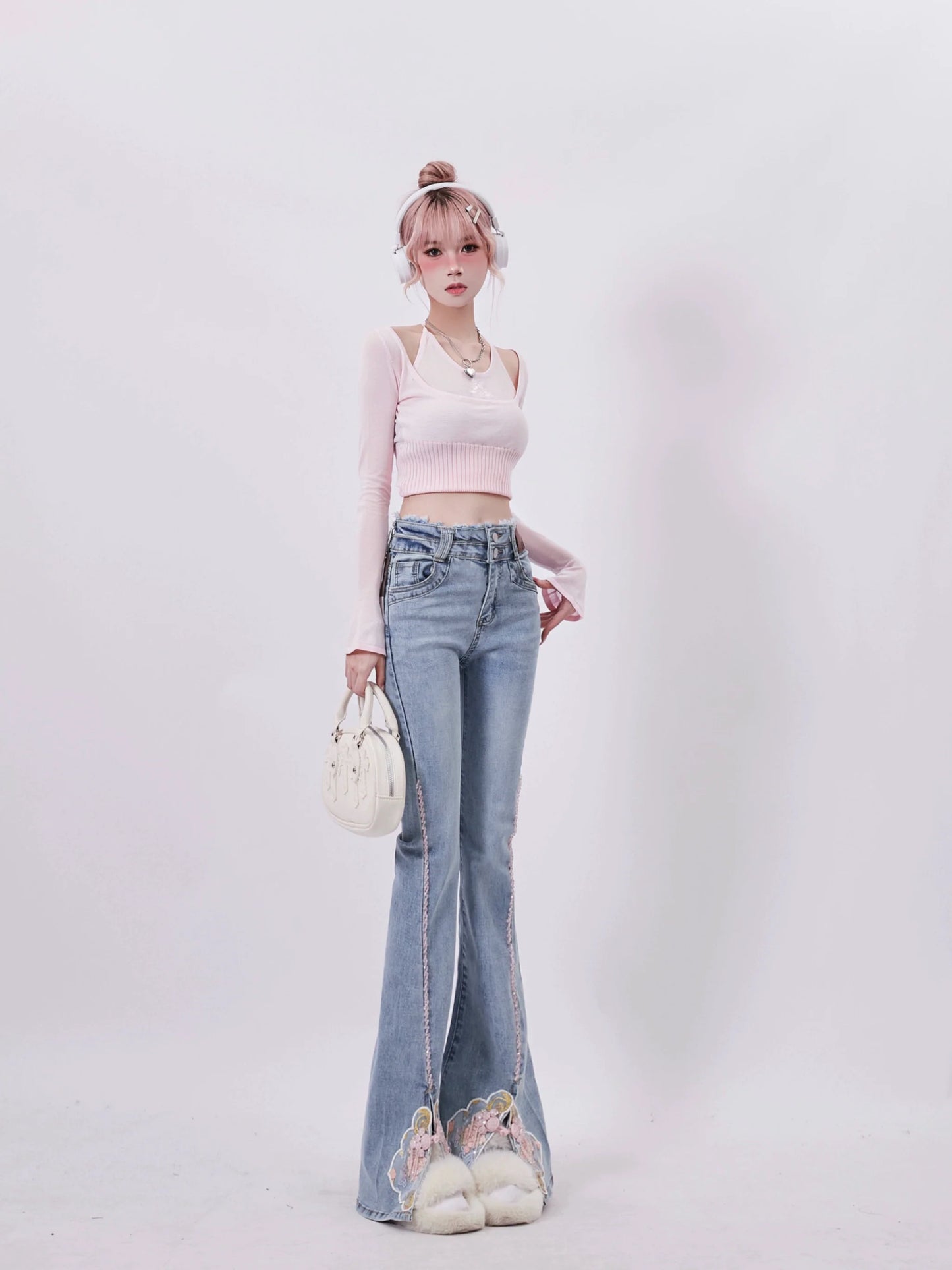 Waist Design Flared Double Denim Slit Pants