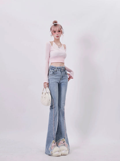 Waist Design Flared Double Denim Slit Pants