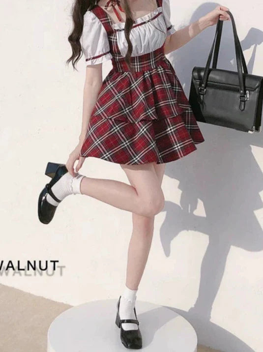 Pants Puff Scottish + Choker Ribbon Puffy Sleeve Cake + Check Dress Red