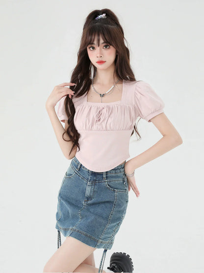 Neck Puff Square Short Top Sleeve