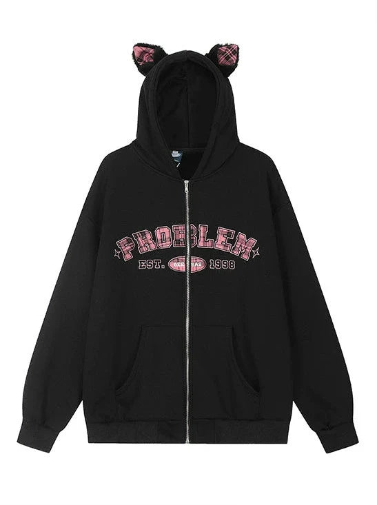 Sweat à capuche zippé en velours à carreaux avec oreilles Warmers