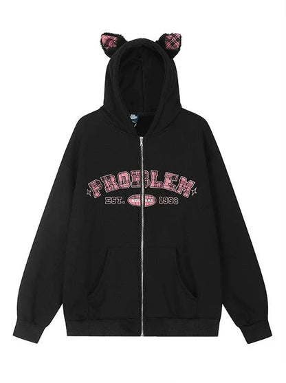 Sweat à capuche zippé en velours à carreaux avec oreilles Warmers
