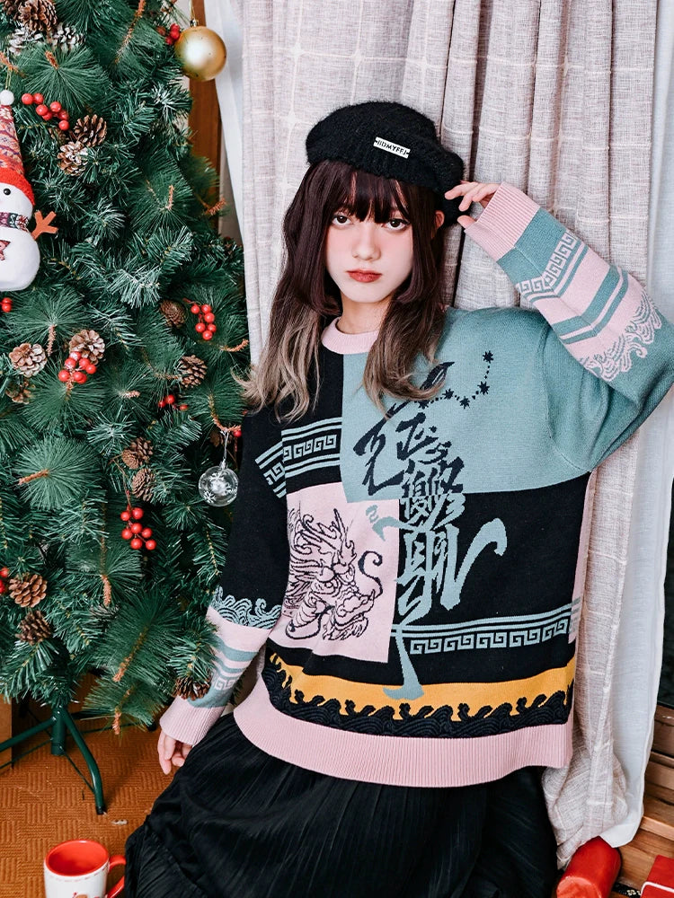 ラウンドスタイル チャイナカラー ネックニット ルーズ コントラスト ニューブロック