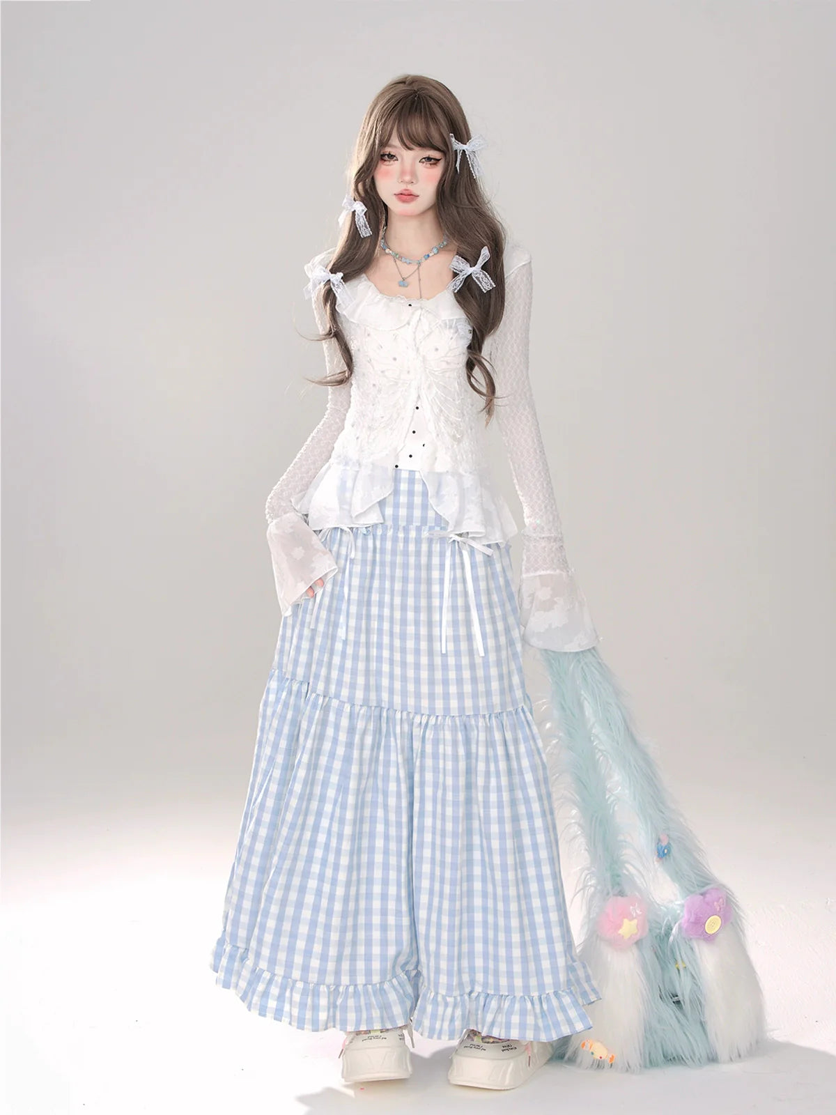 チェック+リボン Aライン Aライン ドットスカート ロングスカート ロング