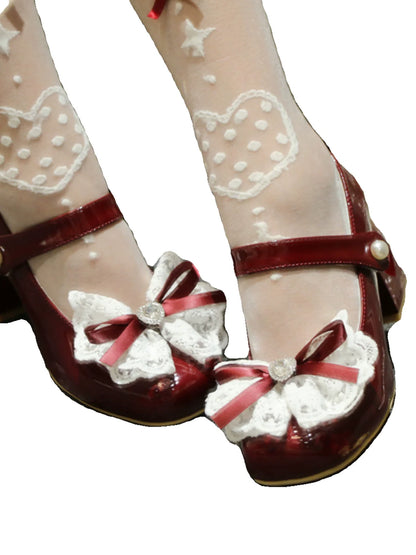 Chaussures élégantes à talons carrés en dentelle et ruban, bout pointu, Lolita Love