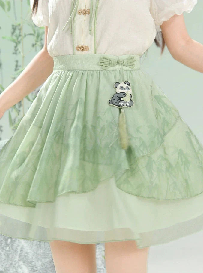 Ensemble chemise et jupe à manches longues Panda Kung Fu menthe + mousseline