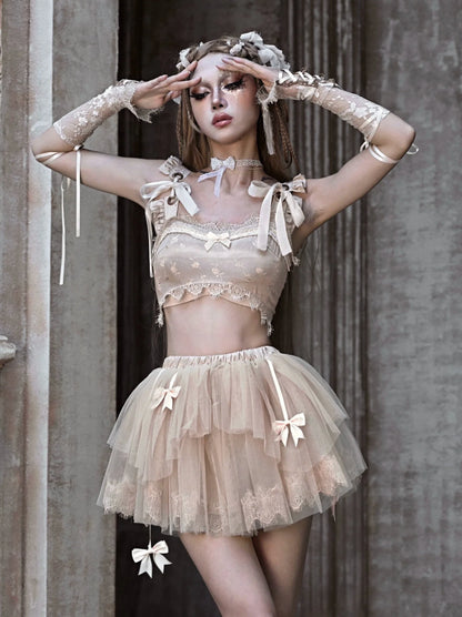 Gilet court en dentelle et ruban français cassé, style ballet ultra