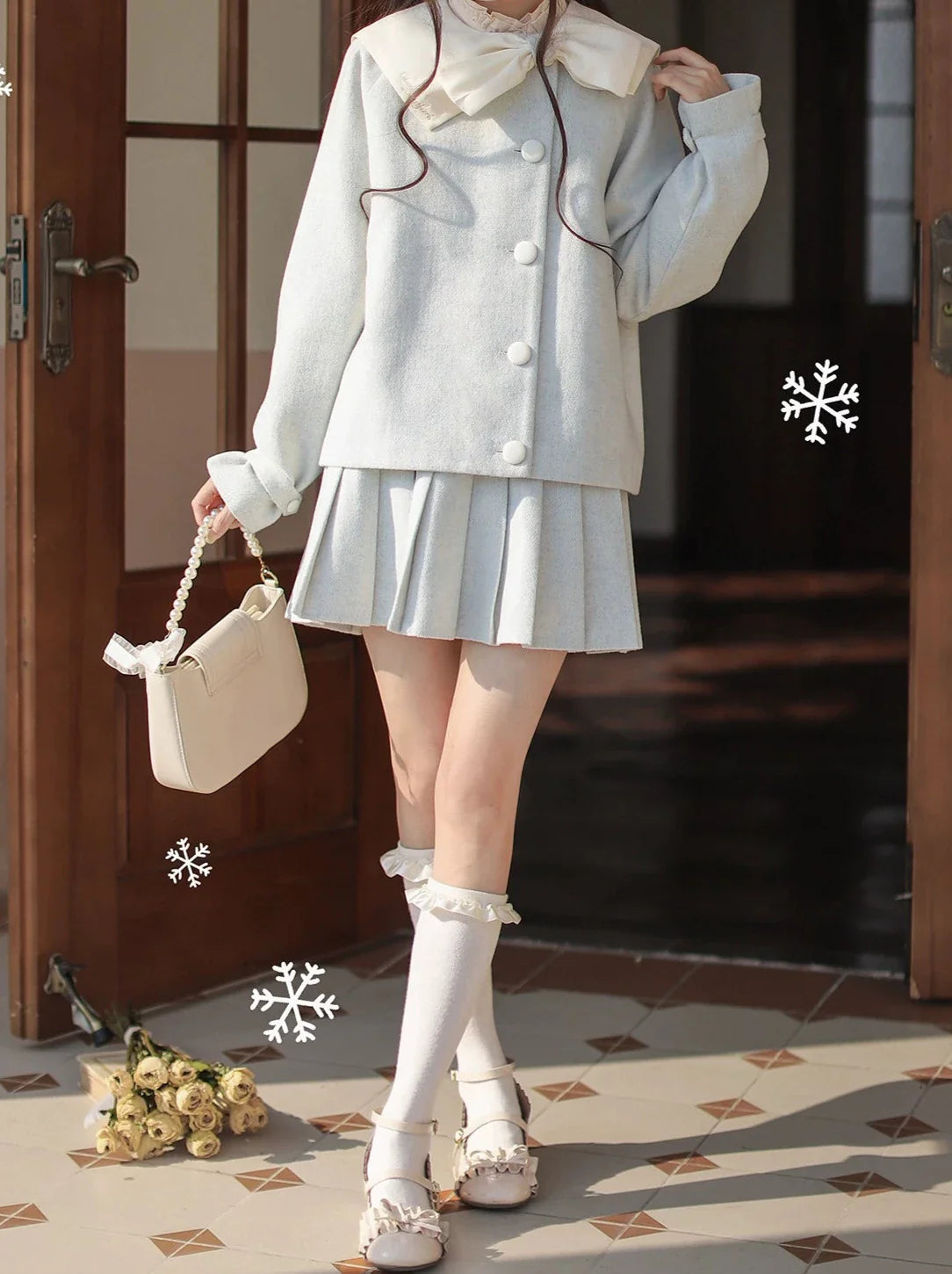 Jupe à col ruban Lolita menthe, veste plissée verte rétro