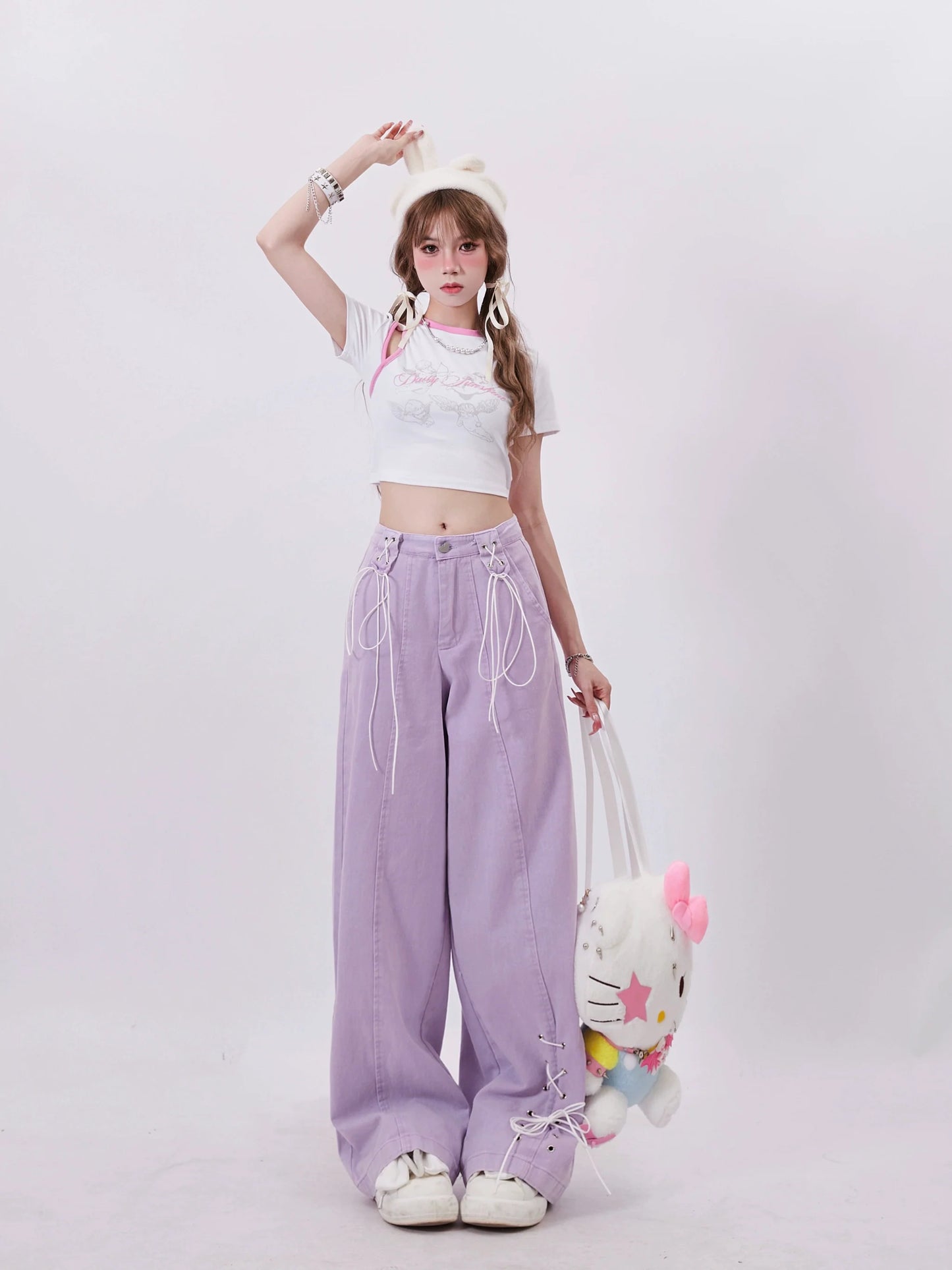 Pants Purple Lace-up Wide