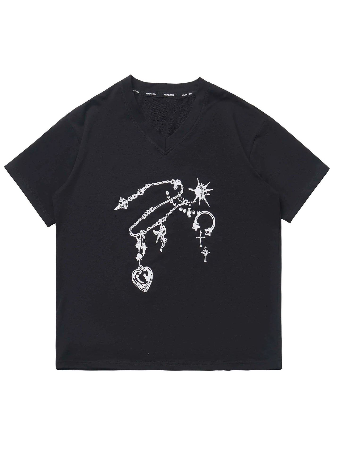 Schwarzes T-Shirt mit V-Ausschnitt und weißem Edelstein