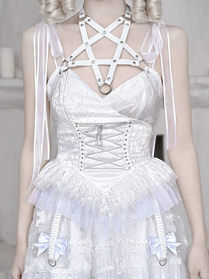 Mesh Schlafen Pentagramm Gothic Spitze Hosenträger Weiß Alice Dunkles Kleid