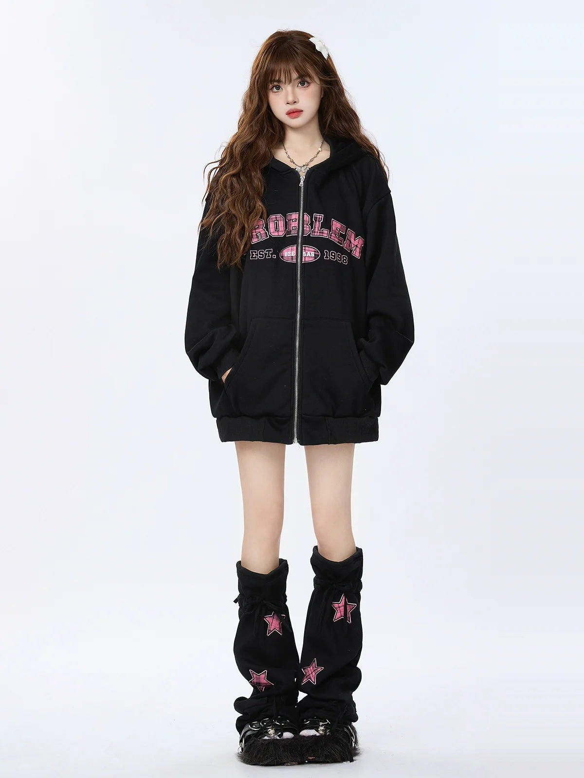 Sweat à capuche zippé en velours à carreaux avec oreilles Warmers