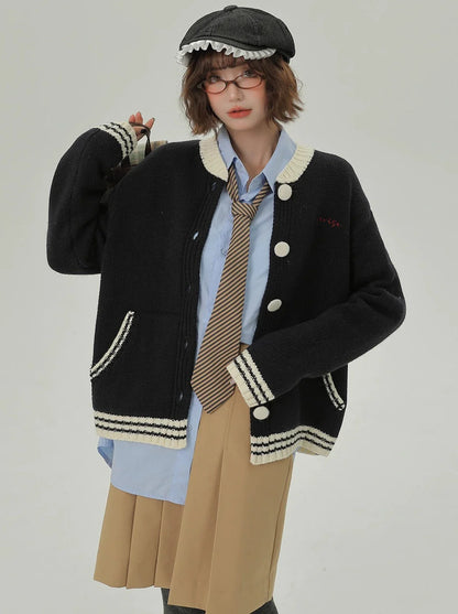 Lazy Knit Cardigan Collar College Loose Stand Style