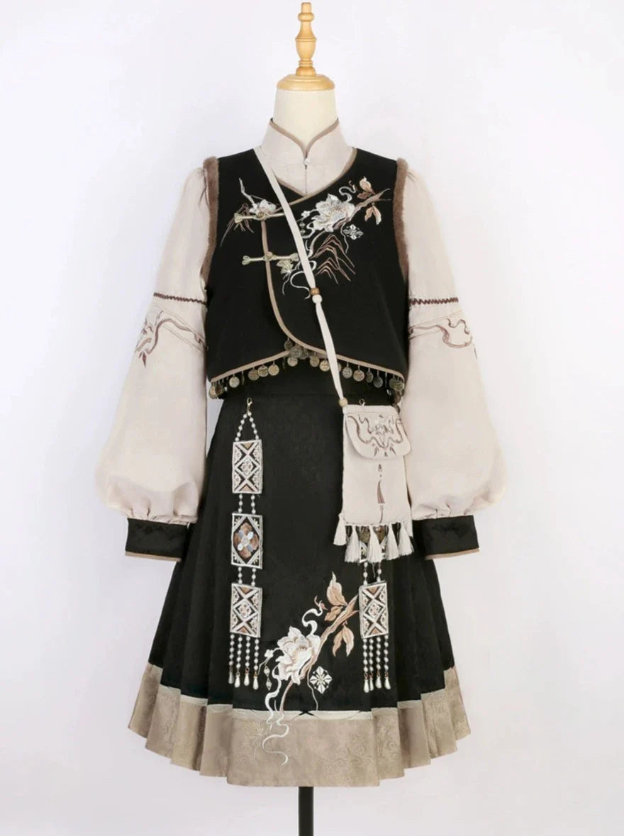 Exotic Plus Blouse Vest Flower Sleeve Bag Shoulder Balloon Flared Skirt