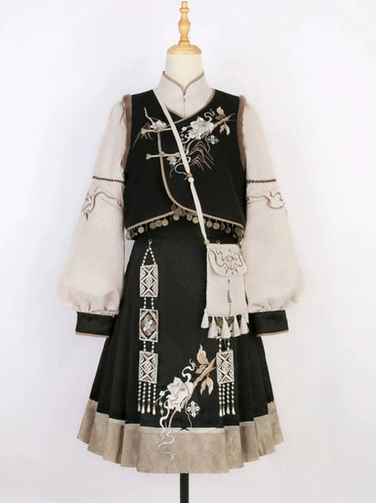 Exotic Plus Blouse Vest Flower Sleeve Bag Shoulder Balloon Flared Skirt