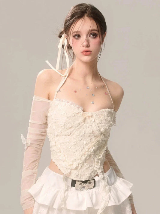 Shoulder Top Sheer Halter Apricot One Sleeve Neck