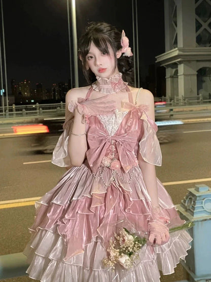 Robe de princesse rose élégante et moelleuse, ensemble de fées fleuries