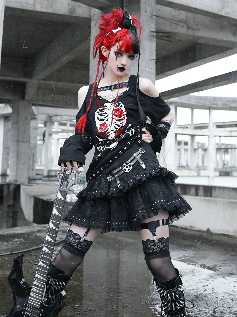 Metal Buckle Cake Leather Rivet Layer Punk Skirt
