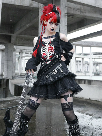 Metal Buckle Cake Leather Rivet Layer Punk Skirt