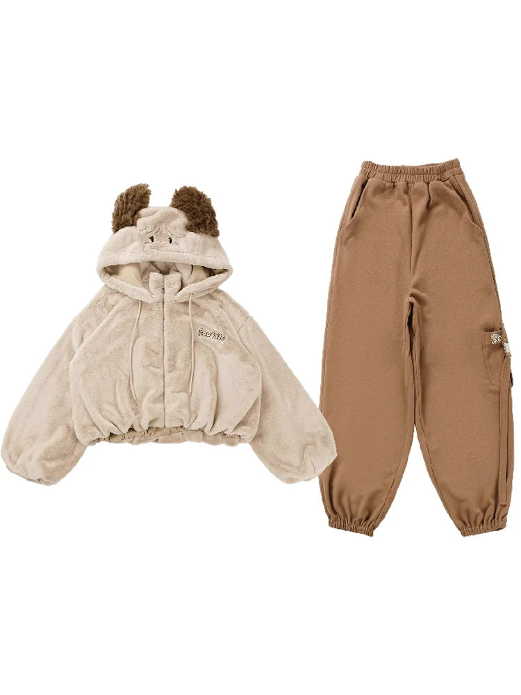 Hoody Fake Far Court + Velvet Casual Pants