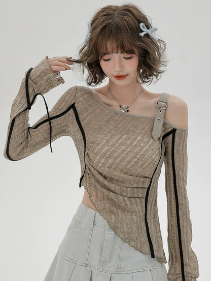 Irregular One-shoulder Top Sheer Slim American