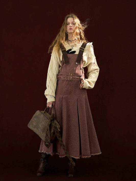 Retro Pleated Long Denim Skirt
