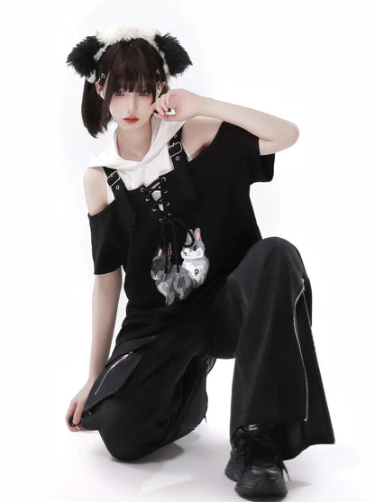 Pantalon à bretelles design d'été, lapin, épaules dénudées, sweat à capuche noir et blanc, costume