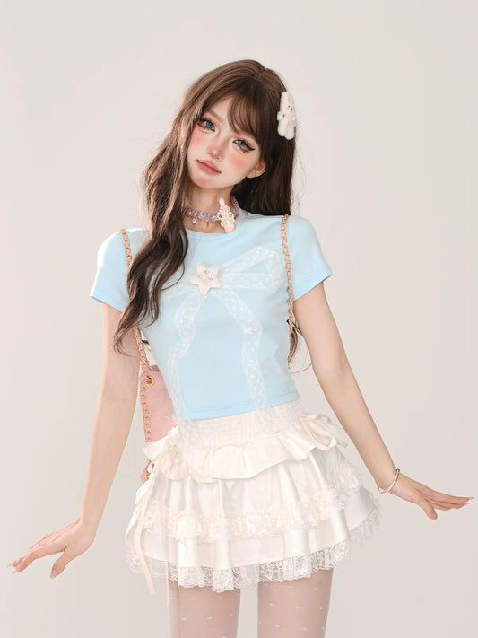 Lace Ice Blue Top Slim Short