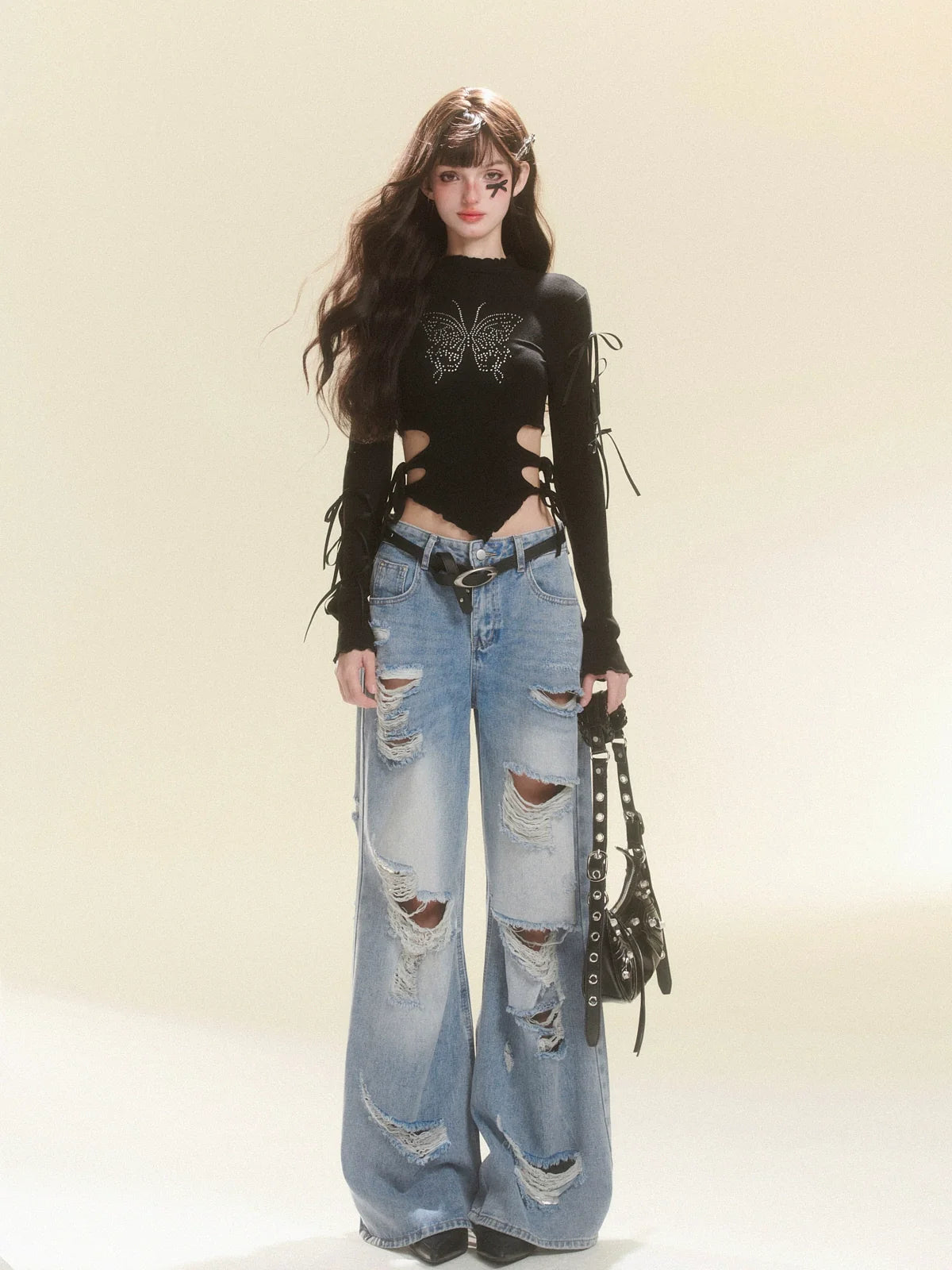 Long Pants Denim Damaged Wide