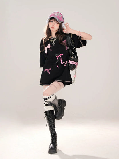 T-Shirt Street Round Print Ribbon American Deco Neck Loose