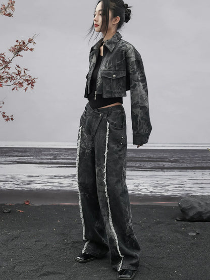 Jean ample à franges et taille large découpée en denim foncé