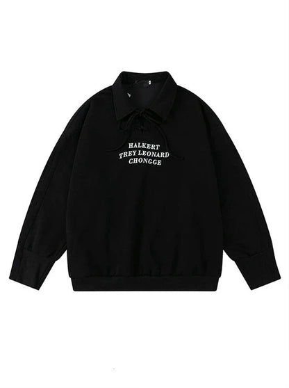 Polo Strap Design Sweatshirt Loose Collar