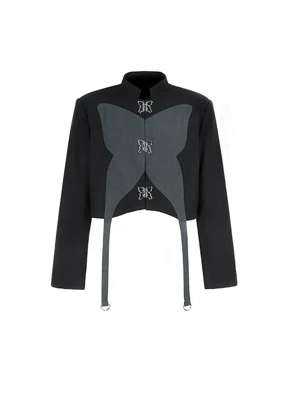 Haut court bicolore argenté motif papillon