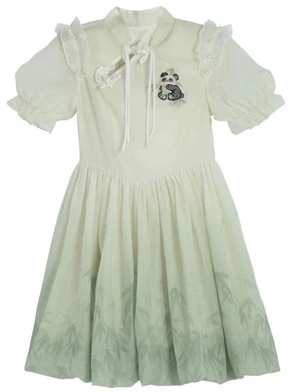 Ensemble chemise et jupe à manches longues Panda Kung Fu menthe + mousseline