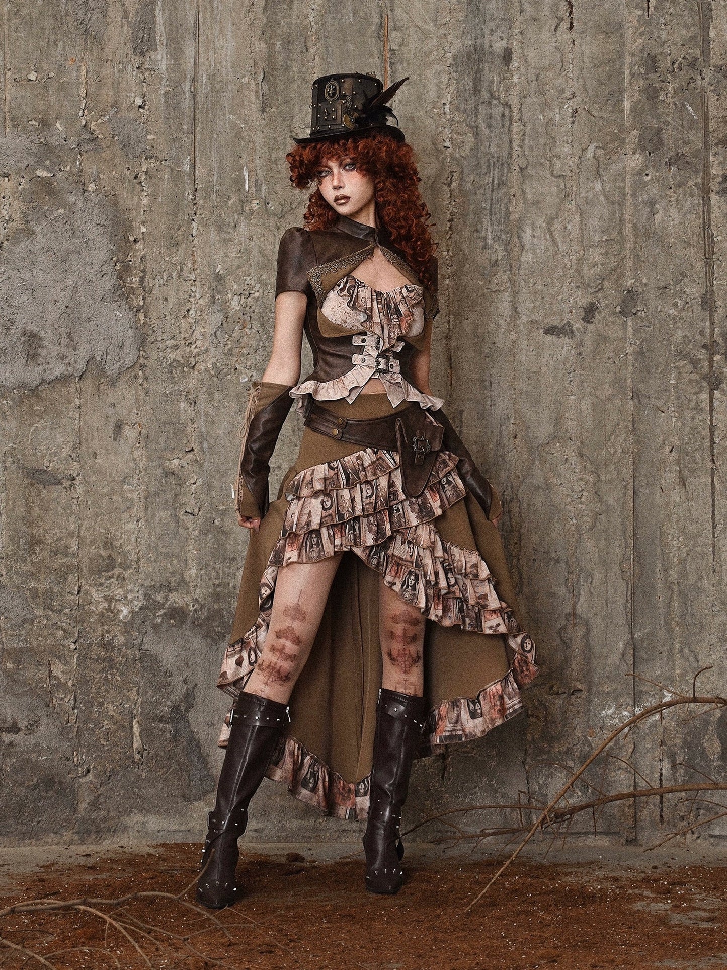 Sac à volants, jupe traînante en PU, taille steampunk, style antique rétro