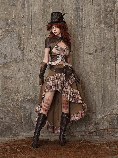 Sac à volants, jupe traînante en PU, taille steampunk, style antique rétro