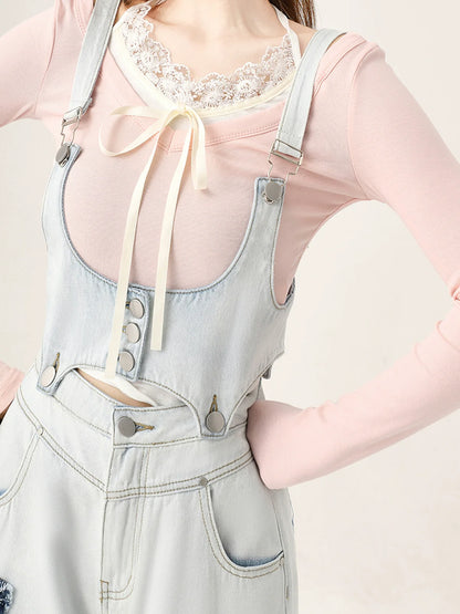 Loose Vest Jeans Denim Overalls Denim Butterfly + Patch