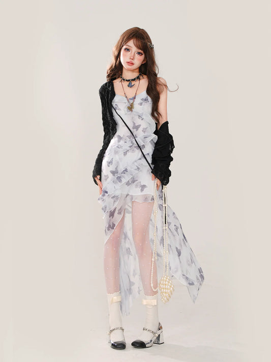Summer Chiffon Dress Butterfly Cardigan + Asymmetrical