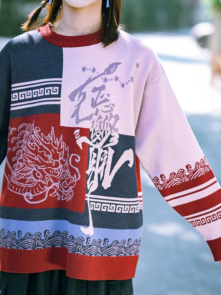 ラウンドスタイル チャイナカラー ネックニット ルーズ コントラスト ニューブロック