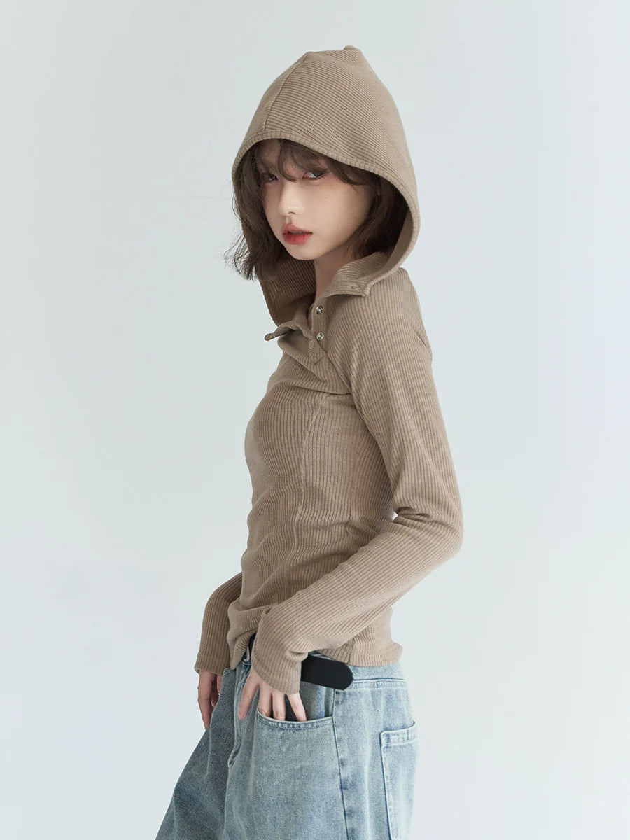 Button Slim Hooded Shoulder Top