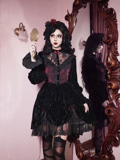 Red Dress Puff Sleeve Velvet Rose Lace Cemetery Gothic Dark