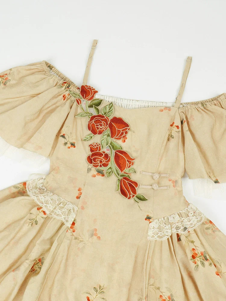 エレガントなストラップスクエアカラーローズオフショルダードレスイレギュラー