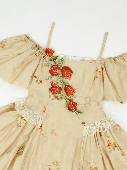 エレガントなストラップスクエアカラーローズオフショルダードレスイレギュラー