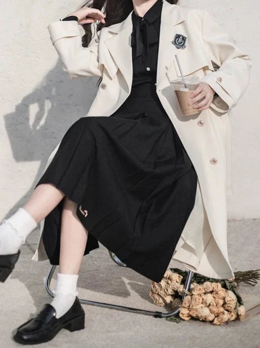 Jupe + Trench Badge Collège Chemise Abricot Manteau Plissé Brodé Métal Ruban Noir