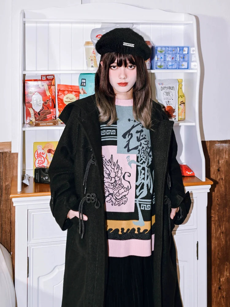 ラウンドスタイル チャイナカラー ネックニット ルーズ コントラスト ニューブロック